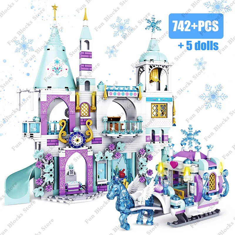 Ice Castle Playground House para meninas, Figuras do cavalo de neve, Blocos de construção, Carriage Set, Luxury Princess, Amigos quentes, Filmes, Inverno