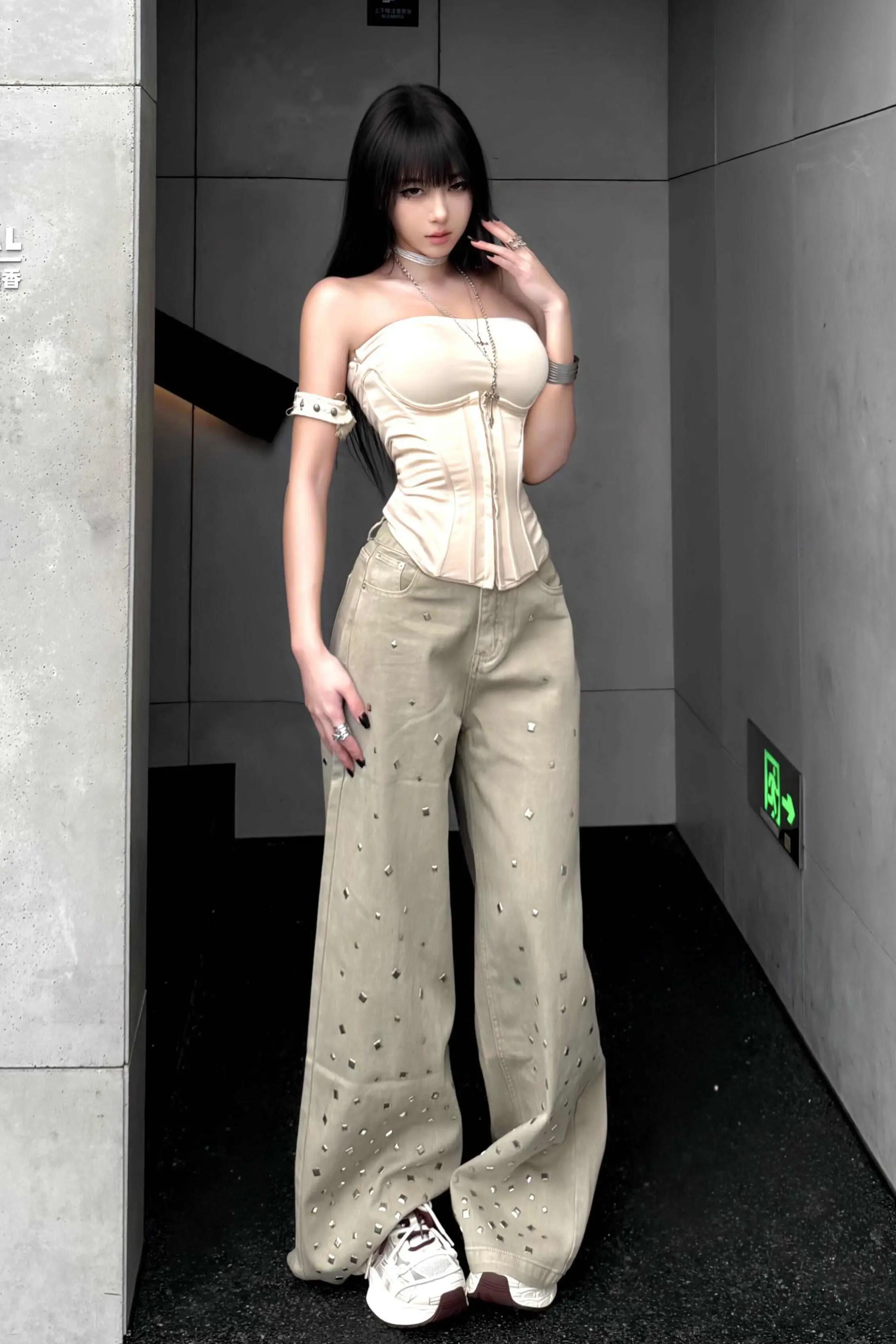 

American Vintage Washed Bedazzled Low Rise Jeans Women 2025 Spring Summer Loose Flowy Wide Leg Floor Length Denim Pants Trendy