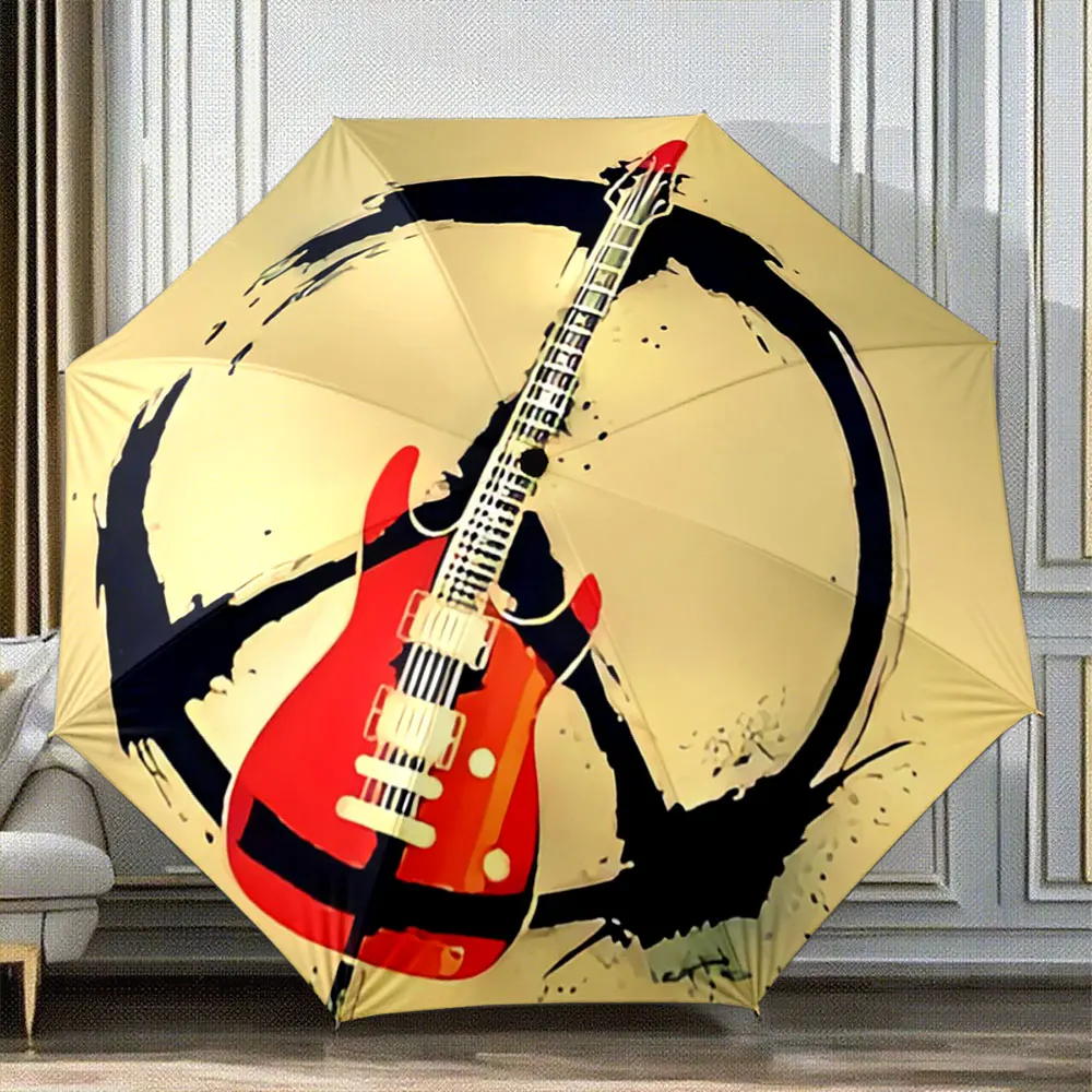 Red Electric Guitar with Black Peace Symbol Design on Beige Background Portable Folding Umbrella, Gift for Family And Friends