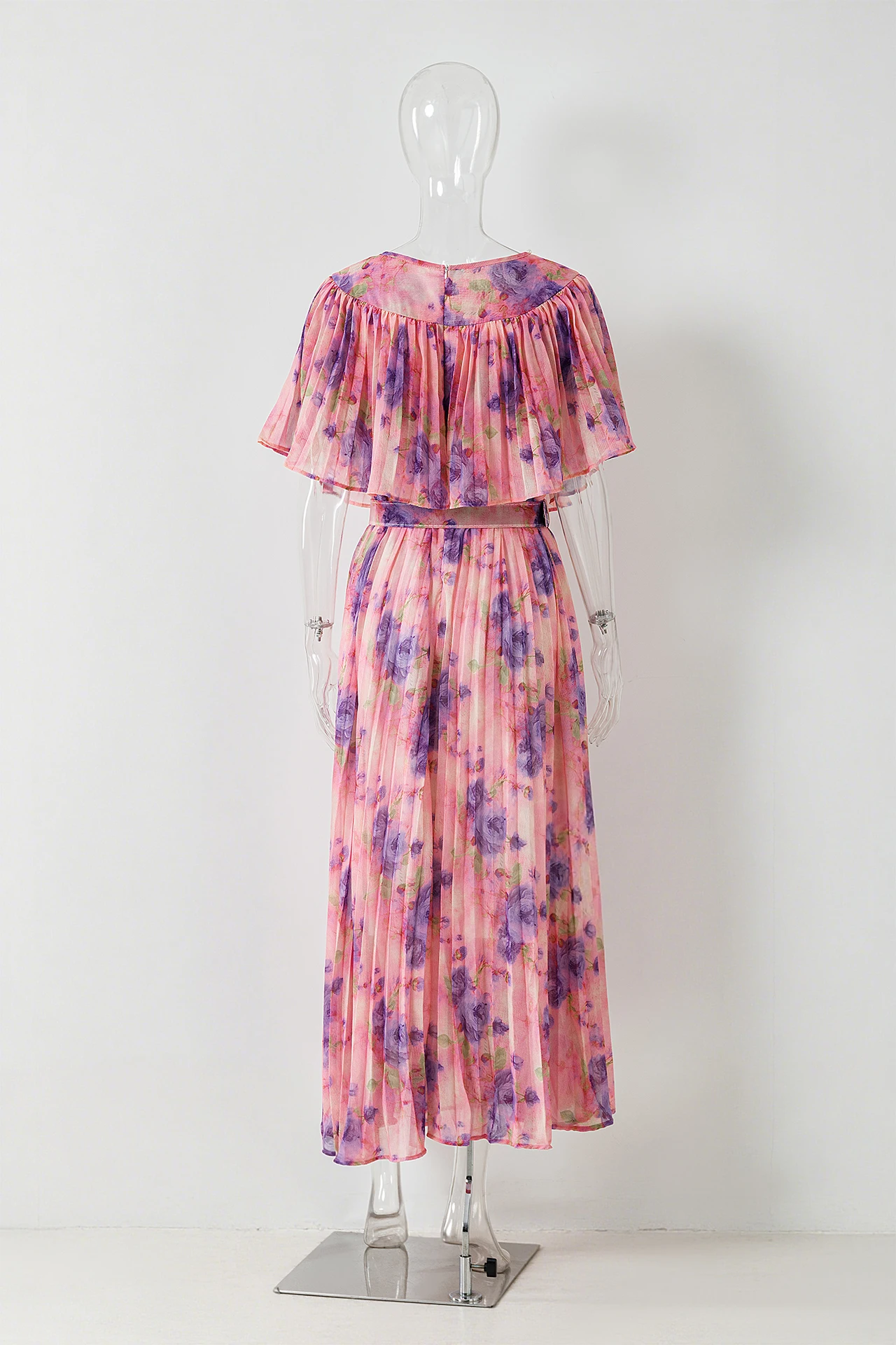 Vestido con estampado bohemio y manga de hoja de loto con cuello redondo y cuentas, vestidos largos plisados ajustados con cintura de lujo francesa, vestido de vacaciones de verano para mujer