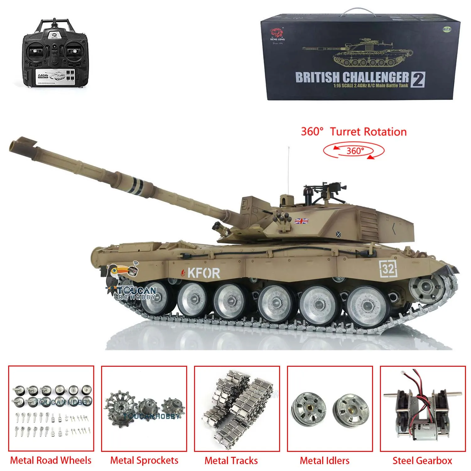 Heng Long 1/16 7.0 Customize Challenger II RC Tank 3908 360° Turret Metal Tracks Wheels Steel Gearbox Idler Toucan Toys for Men