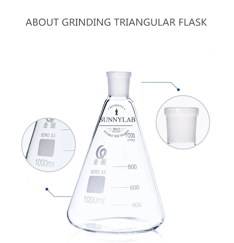 Frasco cónico triangular de vidrio de borosilicato, 1 piezas, de 25ml a 2000ml, con boca estándar, 19 #24 #29 #