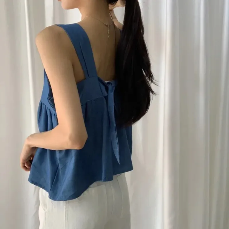 Backless Sleep Tops Women Sleepwear Solid Baggy Casual Bandage Tender Hotsweet Lounge Students Causal Sleeveless Homewear Daily