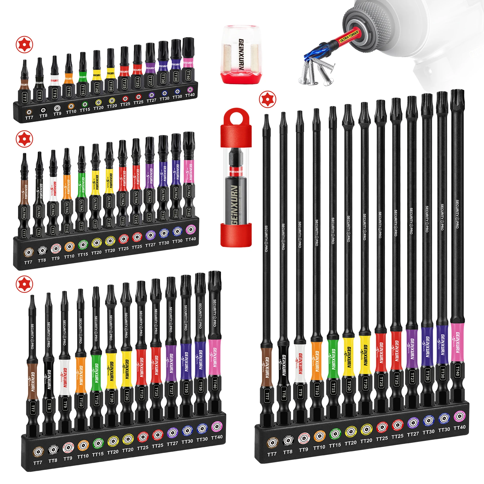 Geinxurn Impact Security Torx Schraubendreher-Bits-Set 1"/2"/3"/6" Magnetisch (TT7-TT40) Lange Verlängerung S2 Stahl Sternschraubendreher-Bits