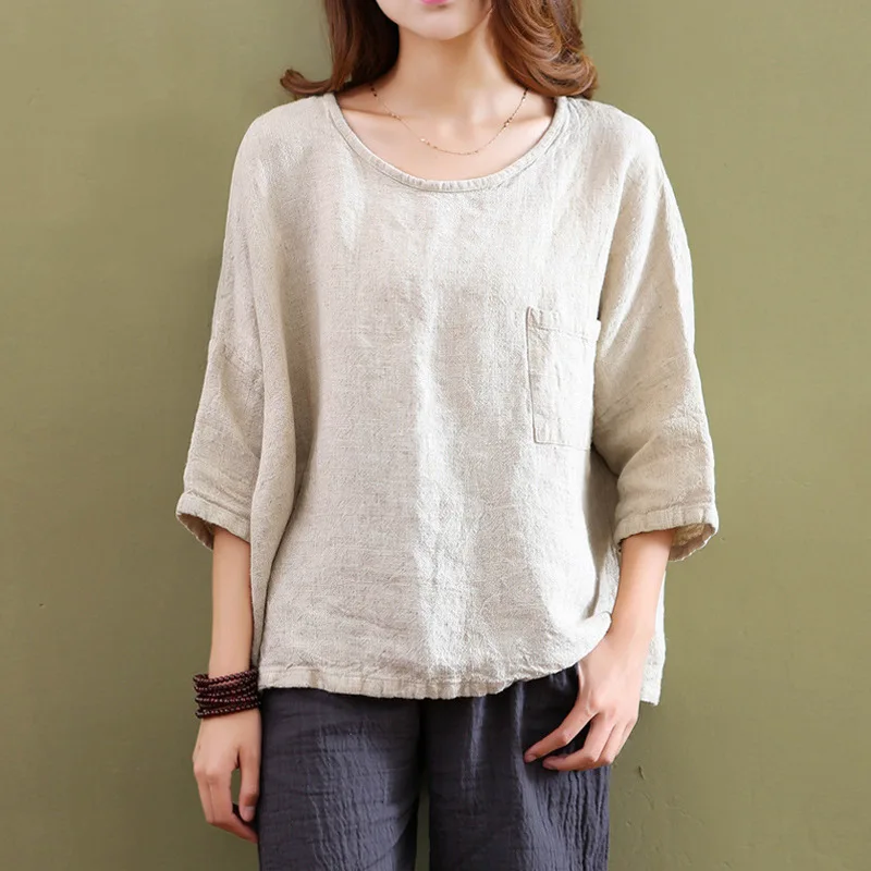 

Women's Wear for Spring/Summer 2025: Elegant and Casual Cotton and Linen Loose Round Neck Three-quarter Sleeves Shirts in Stock