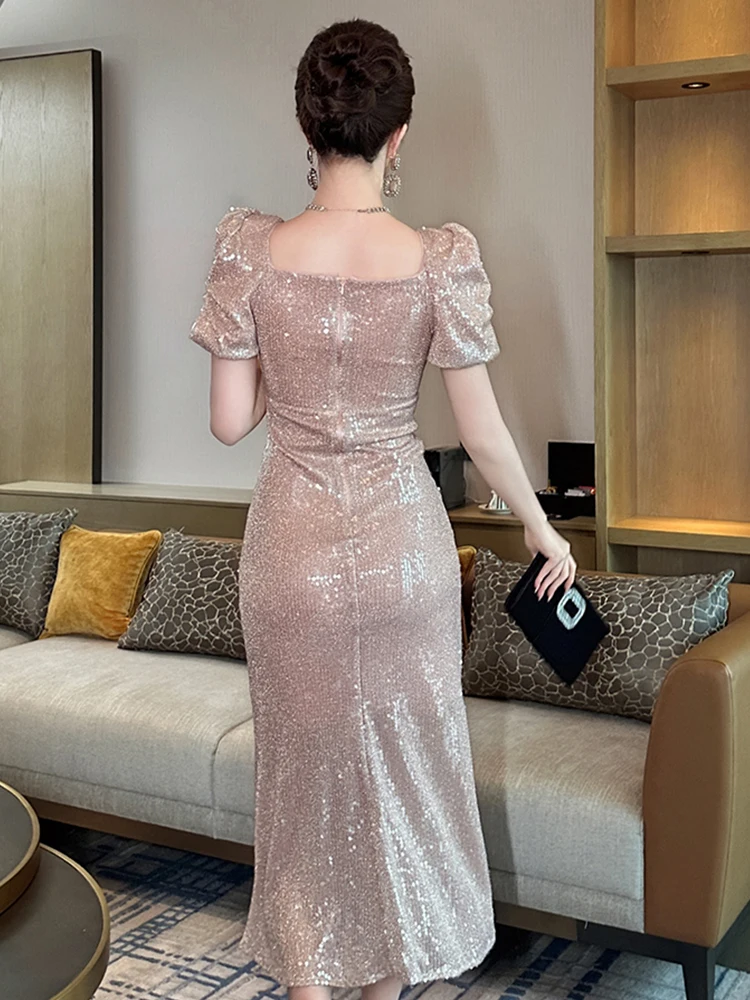 فساتين سهرة فرنسية أنيقة للمرأة بريق حلو لامع ترتر شق رداء سيدة حفلة عيد ميلاد خمر حفلة موسيقية Vestidos Mujer