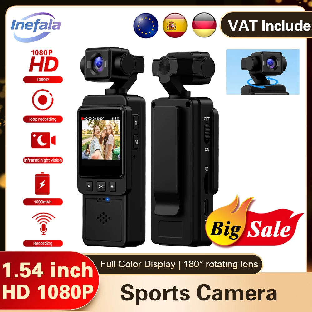 Caméra de poche de sport Inefala 1080P 1,54" Mini objectif 180 °   Enregistreur vidéo sans fil WiFi rotatif, caméra de mouvement d'endurance 5 heures