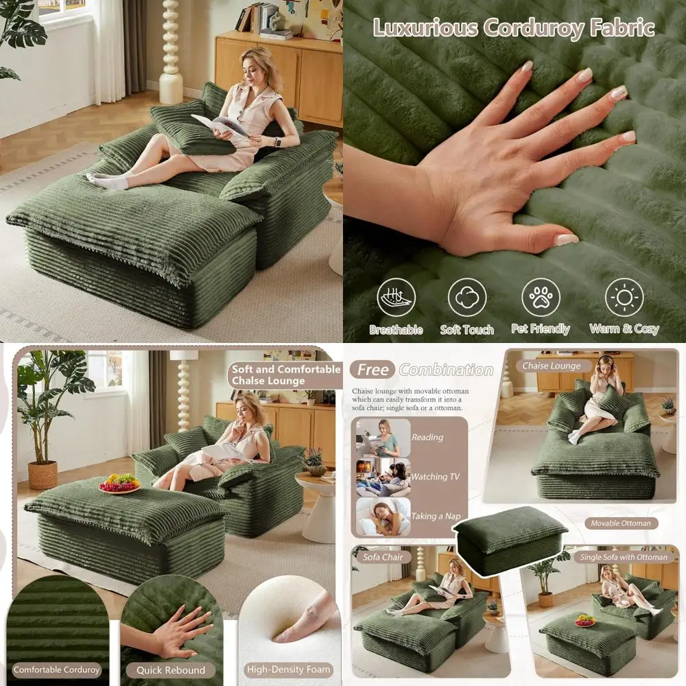 Oversized Corduroy Chaise Lounge Chair with Ottoman, Upholstered Sofa Couch, Comfortable Indoor Lounger with 3 Pillows, Boneless