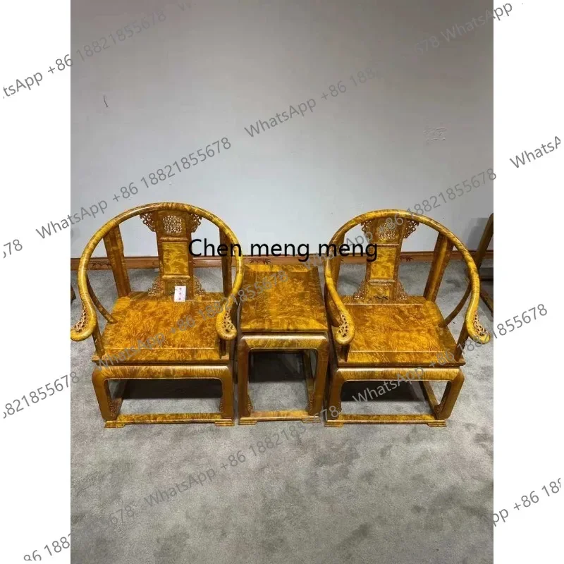 EE182 Golden nanmu full of scars, golden camphor palace chair three-piece set, Chinese classical living room solid wood chair