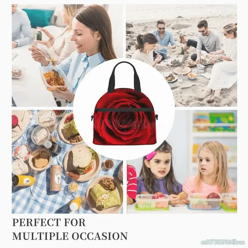 Red Rose Flowers with Raindrop Insulated Lunch Bag Cooler Thermal Bento Tote Bags for Work Travel Picnic Valentine\'s Day Gifts