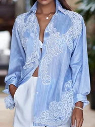 Striped Patchwork Lace Shirt for Women Casual Lapel Long Sleeve Single Breasted Loose Blouse Fashion Top New Arrival