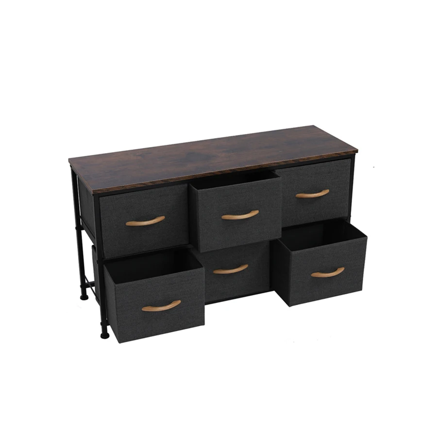 

3 Layer 6 Drawer Storage Cabinet with Solid Wood Handle and Non-woven Fabric Retro Style Dark Gray Pull-out Storage Box