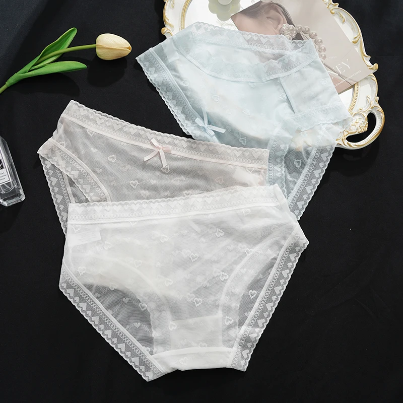 Maternity Large Size Underwear Solid Color Love Mesh Transparent Underpants New Style Ladies Lace Breathable Skin-Friendly Brief