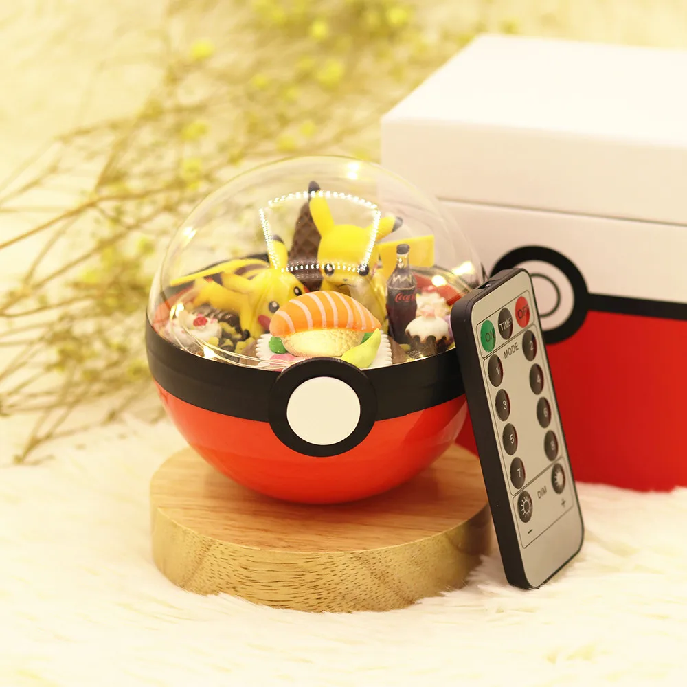 Takara Tomy Pokemon Ball Pikachu Figures Wireless Control LED Handcraft With Wooden Base DIY Toys Brinquedos Christmas Gifts