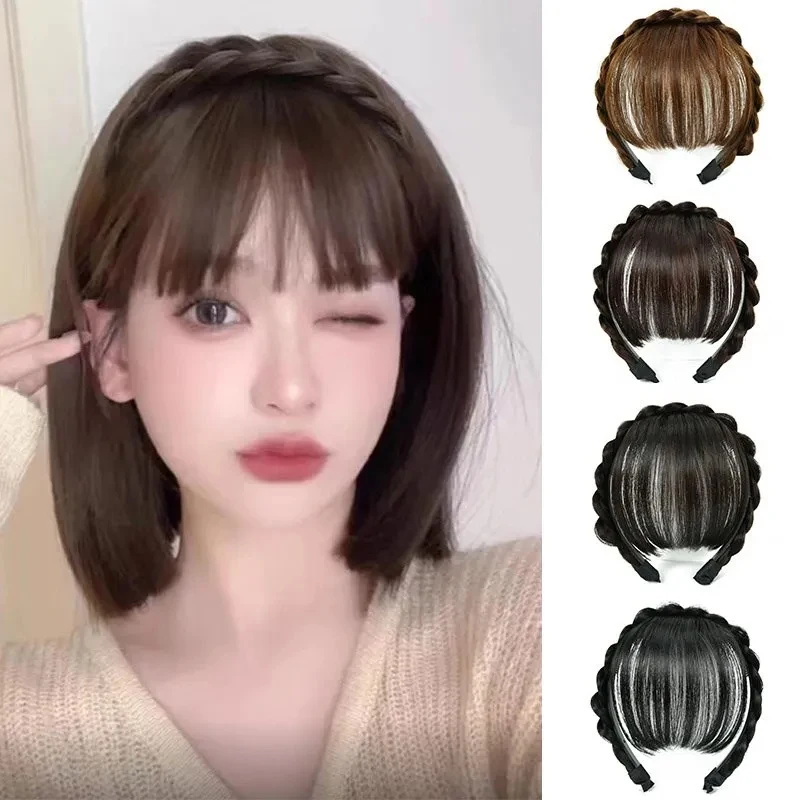 

New Air Bangs Wig Hair Band For Women Real Hair Braid Hair Hoop All-in-one Natural Forehead Top Headband Hair Accessories