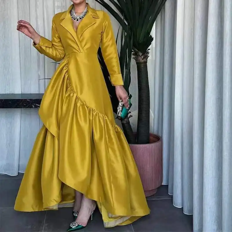 

Yellow Prom Dresses 2023 Ruffles Asymmetrical Long Sleeves V-Neck Arabia Formal Occasion Dresses Robes De Soirée Party Gown