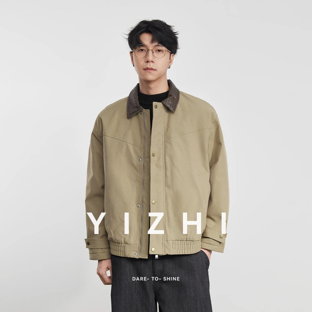 

Fashion Men's Patchwork Leather Collar Workwear Cotton Jacket 2025 Winter New Loose Casual Retro Outerwear Jacket