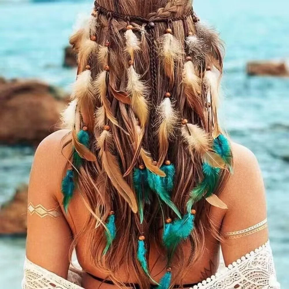 Fashion Tassel Feather Headband Adjustable Beaded Boho Style Headdress Costume Bohemian Rainbow Indian Headband Masquerade
