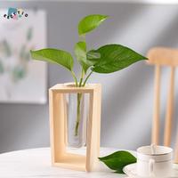 Retro Easy to Use Wooden Frame Hydroponic Vase Unique Design Nordic Desktop Vase Ornaments Simple Flower Container Dining Table