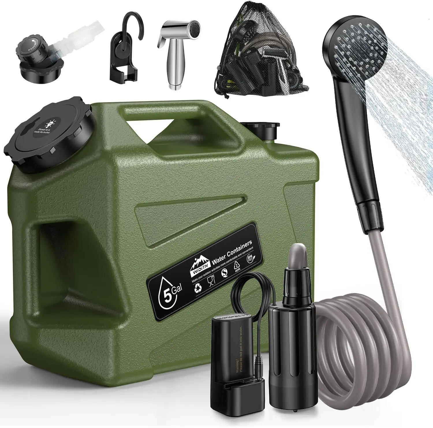 

Portable Camping Shower with Water Jug Electric Rechargeable Camping Shower 5-Gallon Food Grade Water Containers