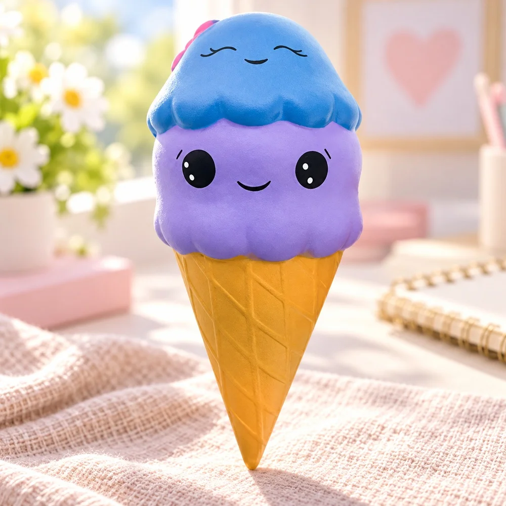 Ice Cream Squishy Toy Soft PU Slow Rising Foam Blue Purple Double Scoop Smiling Cone Squeeze Fidget Gift for Teens and Adults