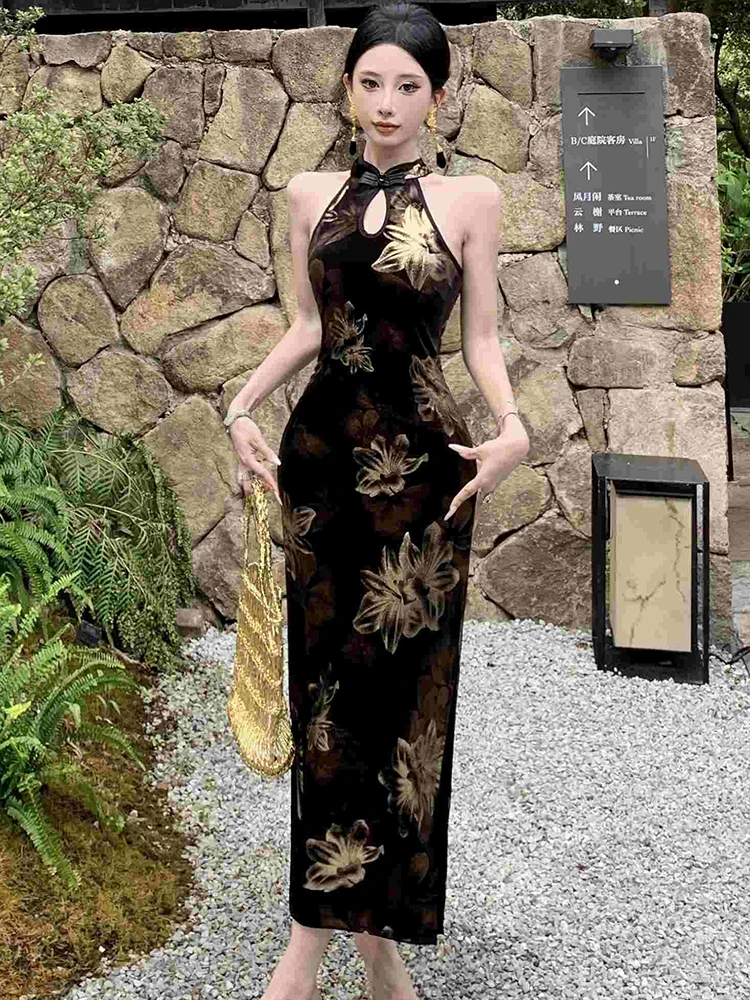 Autumn Black Floral Chic Neck-mounted Sexy Long Dress Women Luxury Elegant Dress Gown 2024 Korean Vintage Bodycon Evening Dress