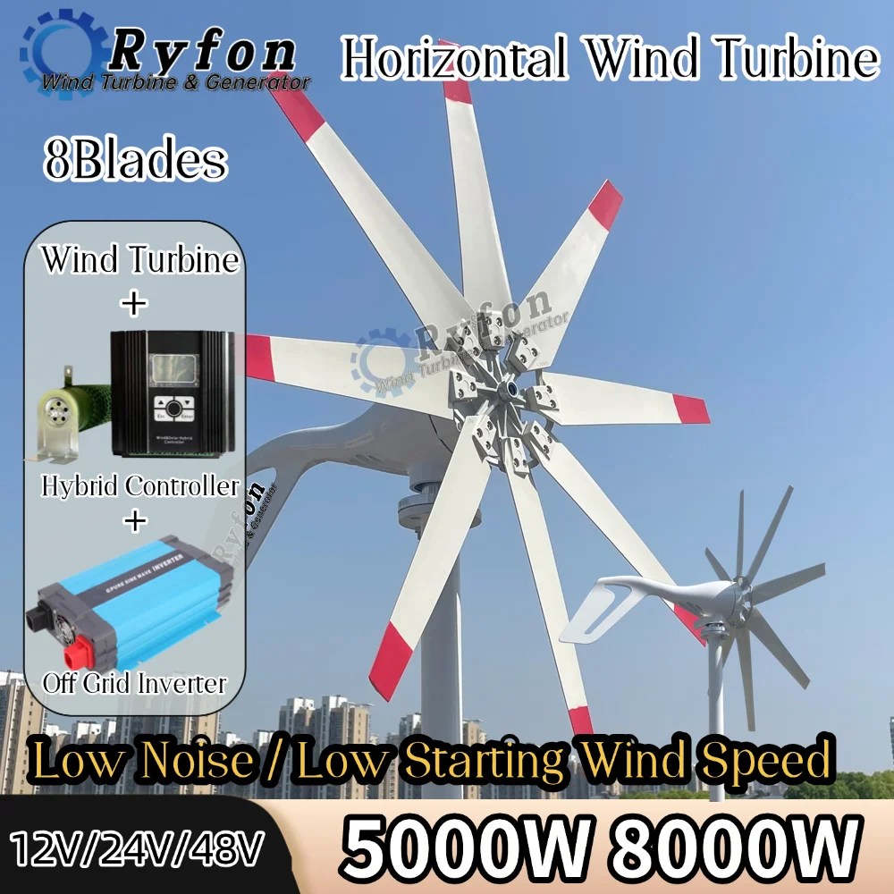 Premium Material 5KW 8KW 24V 48V Horizontal Wind Turbine 3Phase AC Permanent Magnet Generator Off Grid Syetem Wind Camping Home