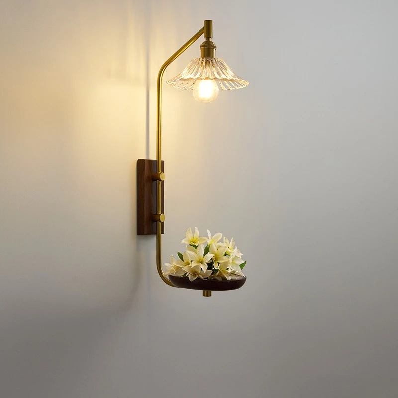 French Vintage Wooden Wall Light Retro Clear Glass LED Wall Sconces Bedroom Hallway Balcony Hotel Creative Shelf Atmosphere Lamp