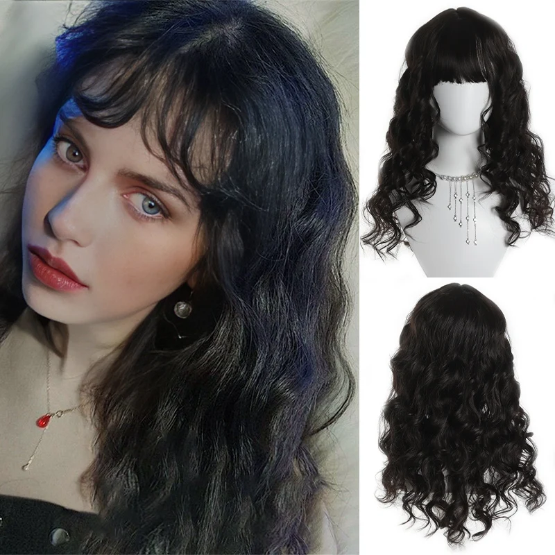 Black bangs long curly wig high-temperature silk synthetic wig fluffy and naturally suitable for daily Christmas parties