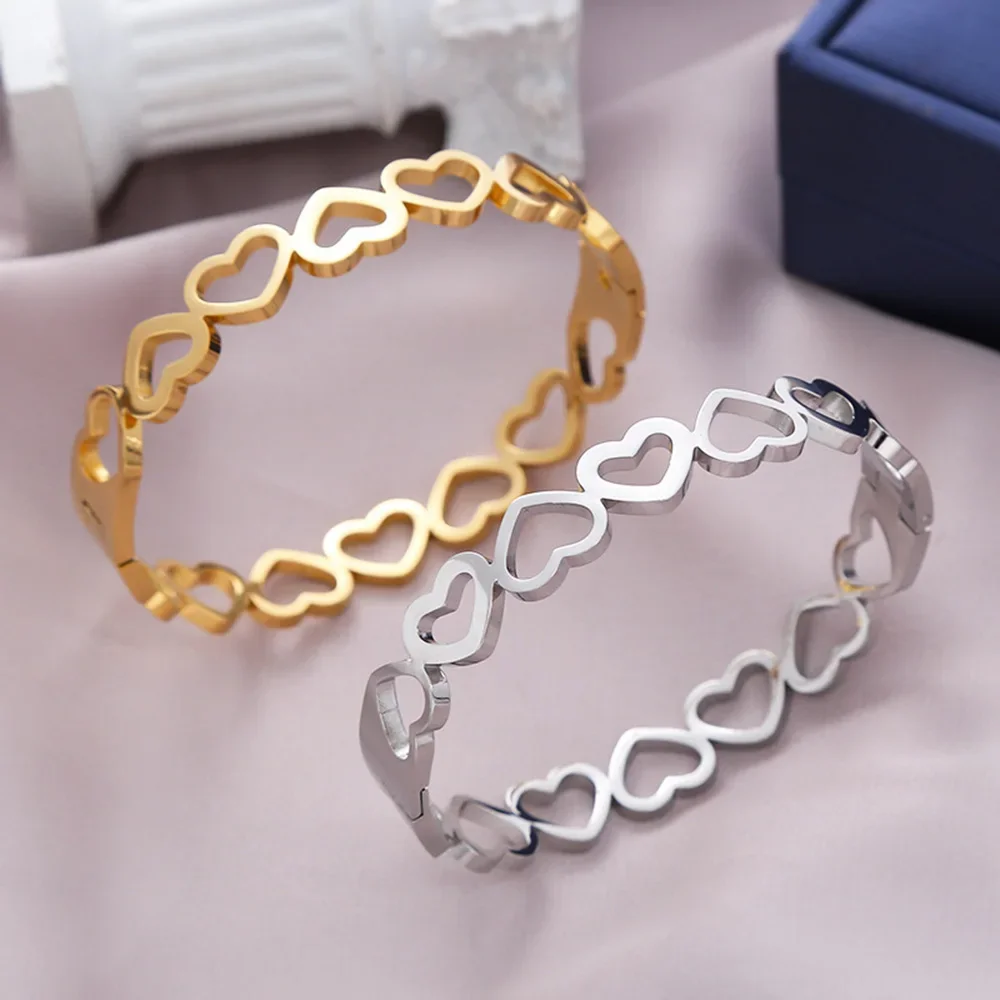 Perhiasan Stainless Steel untuk wanita sederhana CINTA Hati Gelang Bangle perak emas warna gelang manset pasangan hadiah aksesoris