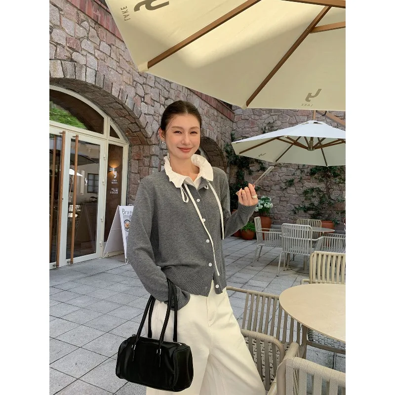 

2025 New Women's Loose Ruffled Contrast Color Fake Two-Piece Fair Isle Sweater Autumn Winter Top