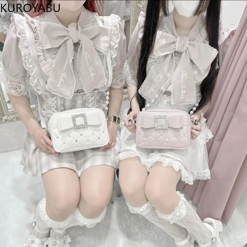 

Lolita Style Bow Shoulder Bag for Girl Pearl Jk Kawaii 2025 New Trend Purse Japan Fashion Female Designer Sweet Crossbody Bag