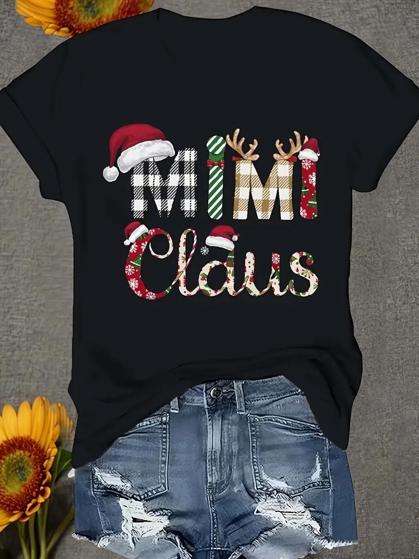 Natal momiclaus carta printt-shirt santahat antler decoração plaidsnowflakeelemements preto solto feminino férias casual topo