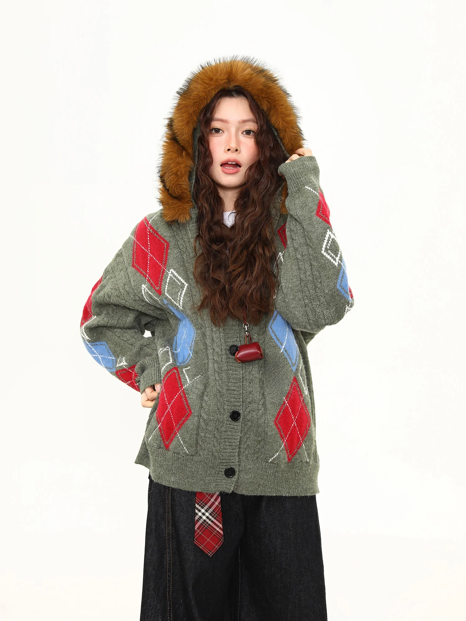 

Wild Cisas Sweater Women's Loose Knitted Coat Diamond Pattern Aosphere Feeling Street Sle Long Sve Hooded Regular Fit