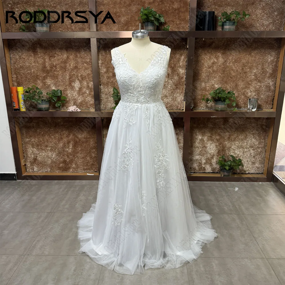 RODRSYA Light Champagne Pizzo Abiti da sposa senza maniche Backless Civil Bride Abiti RODDRSYA abiti da sposa in pizzo Champagne chiaro senza maniche Backless Civil Bride Gowns Applique a-line Tulle 2023 robe de mariée