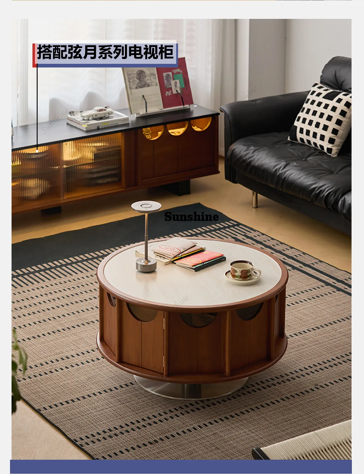 Solid wood round coffee table small apartment household living room high-end atmosphere tea table side table