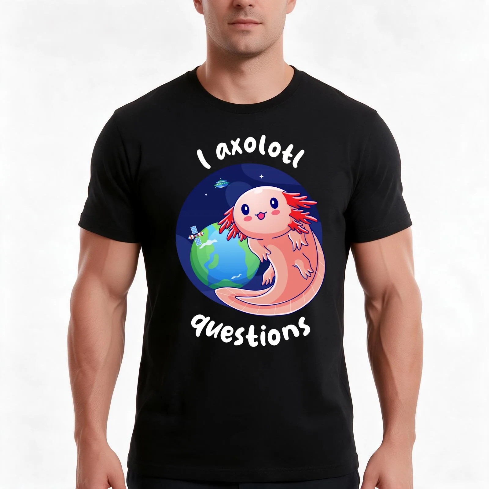 I axolotl questions - cream (on dark colors) T-Shirt, Summer Casual Cotton Tee, Oversized Streetwear Tops, Vintage Graphic Print