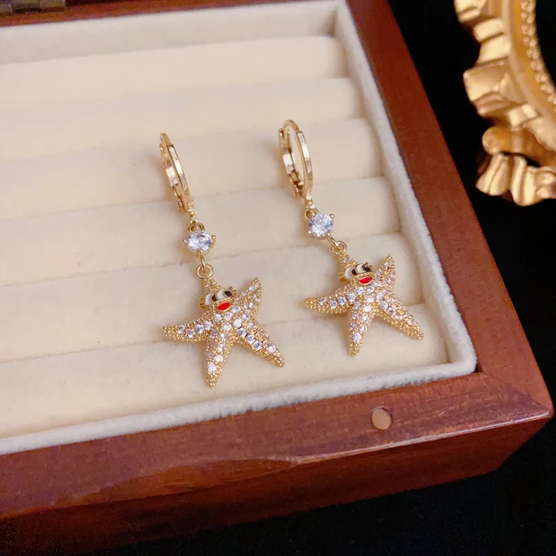 

Exquisite 925 Silver 14k Gold Plated sparkling Zircon starfish Tassel Pendant Earrings For Women Cute Fine Jewelry Ocean Beach