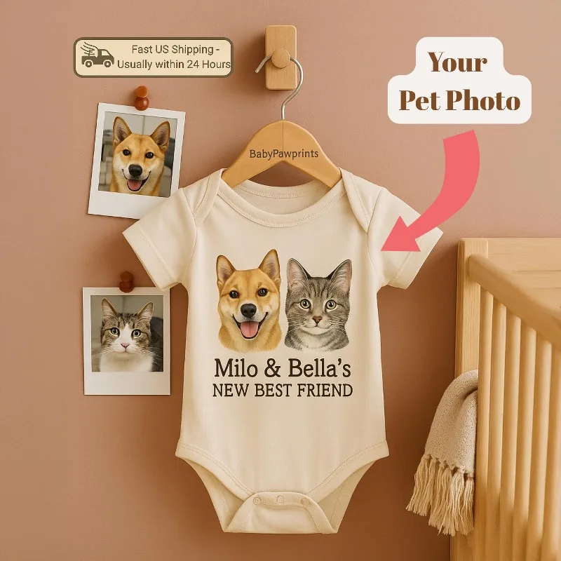 3PCS SET Custom Baby Bodysuit with Pet Photo, Personalized Dog Cat Portrait Onesie with 