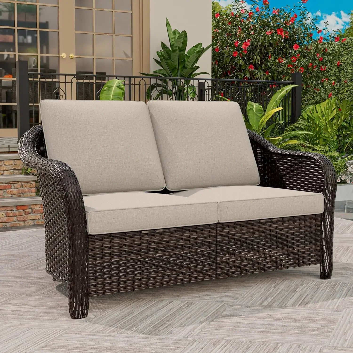 55 inch Outdoor Wicker 2 Seater Sofa, All-Weather Use Patio Rattan Loveseat with Seat and Back Cushion, Ideal for Porch, Backyar