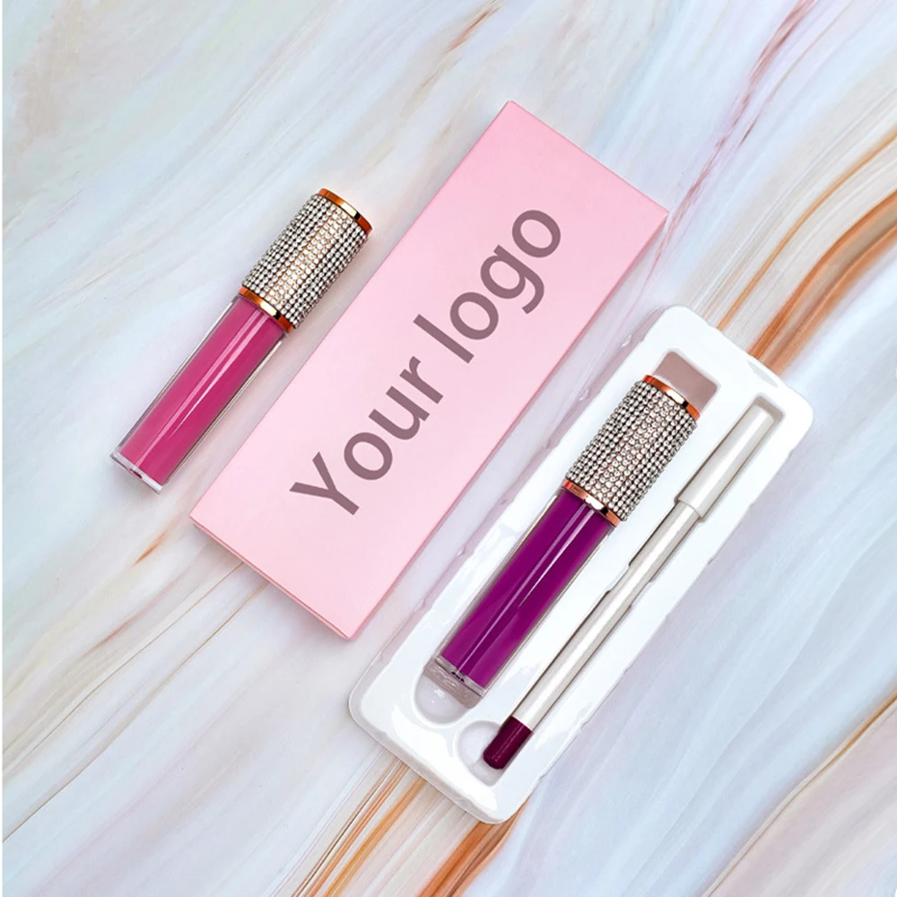 Diamond Tube Non Stick Cup Lipliner Lip Gloss Set Private Label Custom Logo Vegan Makeup Wholesale Cosmetics Beauty