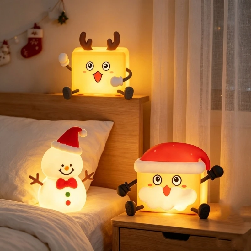 Christmas Silicone Night Light Rechargeable Tap Control Bedside Lamp, Soft Warm Decor Light for Bedroom and Desk M4YD