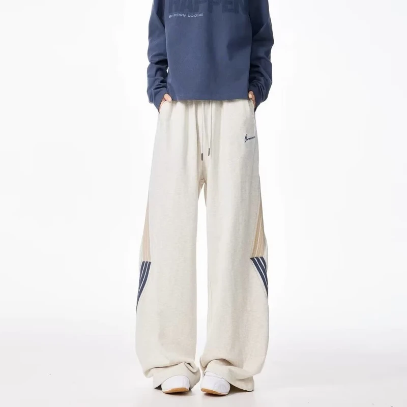 American Style Three Bars Motion Sweatpants Men Autumn Winter Chic Harajuku Patchwork Wide Leg Casual Vintage Striped Trousers