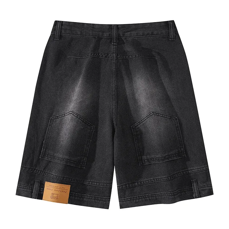 Vintage Wash Denim Shorts Men's  Fashionable Casual Pocket Shorts Classic High Waist Mid-calf Pants