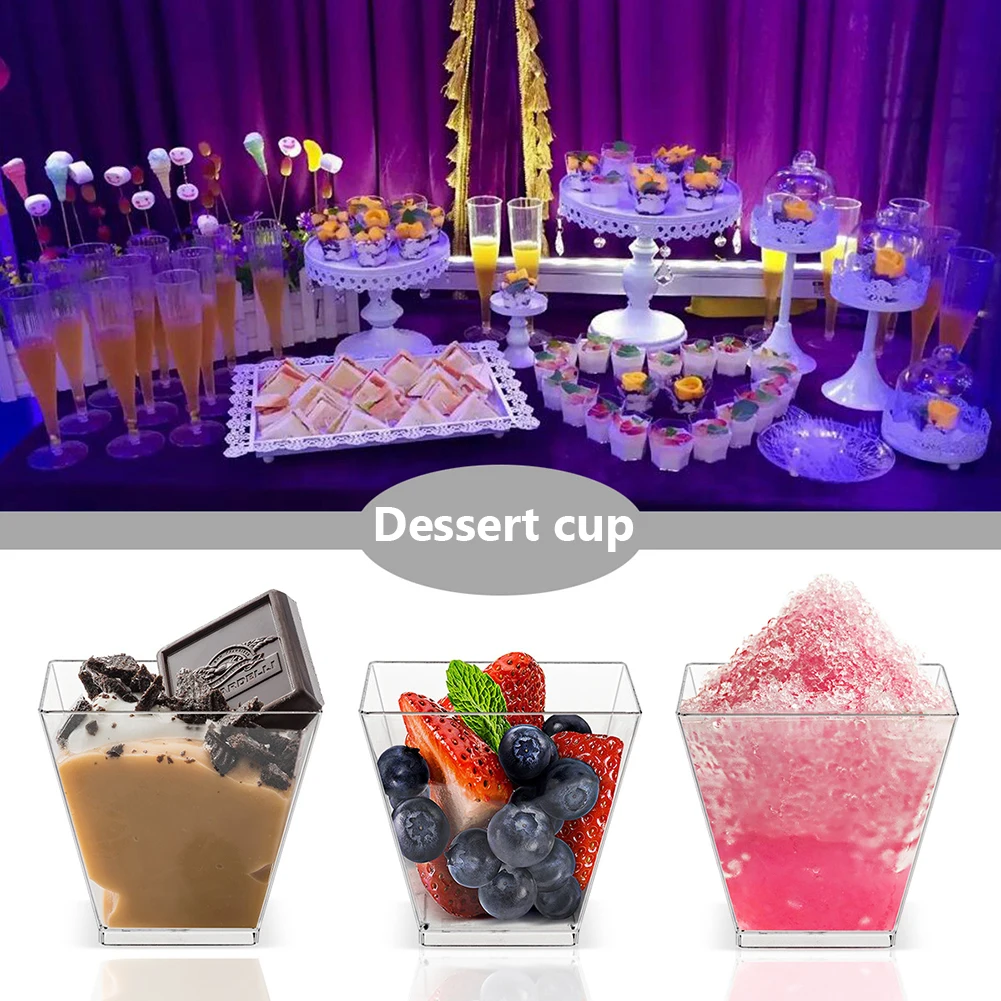 50/100pcs 60ML Disposable Plastic Dessert Cups Reusable Clear Ladder Shaped Cup Appetizers Cake Ice Cream Cup for Party Wedding