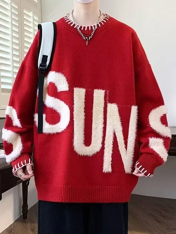 Thiened Knitted Letter Pattern Sweater for Teens And Young Men Casual Comfortable Long Sve round Ne Pullover Polyester...