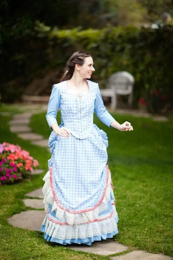 1800's Dress Victorian Bustle Day Dress Blue Check Bustle Dress Historical Dress Civil War Southern Belle Ball Gown for Women