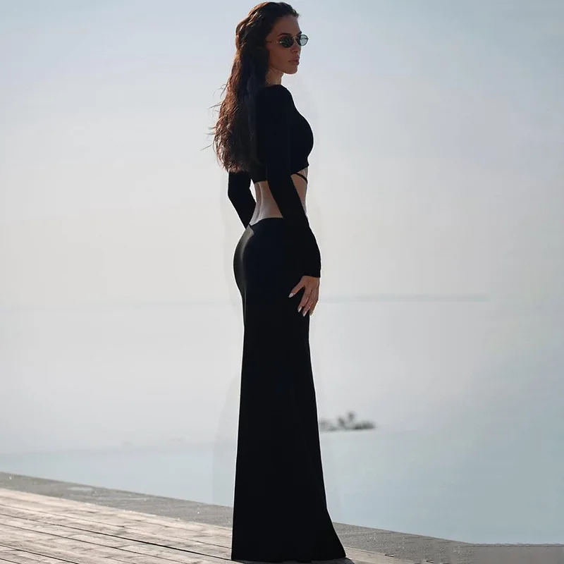 DSMTRC-trajes de fiesta para discoteca, vestidos de manga larga ajustados de otoño, vestido blanco elegante con hombros descubiertos, vestido Maxi recortado Sexy para mujer