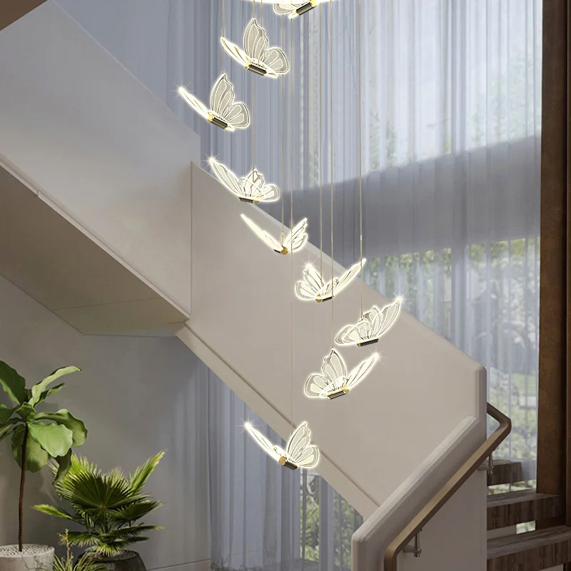 Butterfly small chandelier Nordic style LED light luxury dining table lamp modern minimalist living room long line spiral stairc