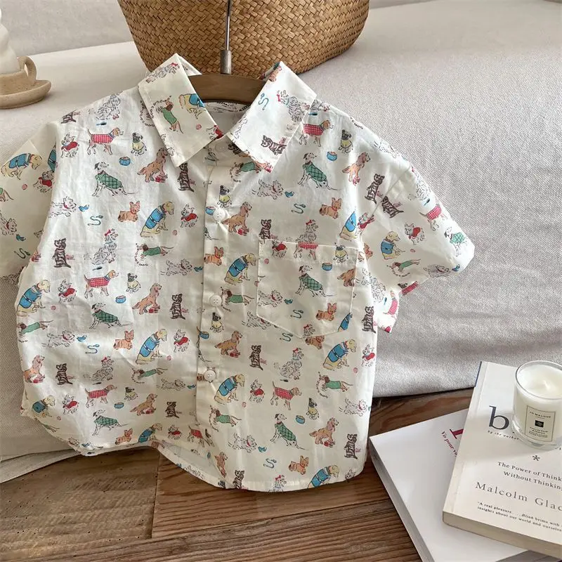 Summer Kid Boys Full Print Cartoon Dogs Short Sleeves Shirts Girl Children Loose Casual Blouses Baby Cotton Tops Toddler Clothes